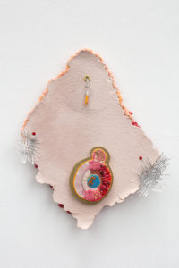 Photo of "Studs"  by Jennifer Pettus, 23” x 20”, Embroidery floss, drywall, spray paint, cotton balls, fabric dye, fruit netting, cotton fabric, wool, pencil, chain, acrylic paint, Mod Podge, dressing pins, push pins, paper