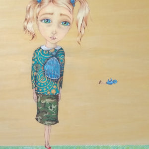 Photo of “She’s Finally Free”, 18” x 24”, mixed media on wood panel. Forelorn woman with outsized head and eyes in abstract patterned blouse and skirt and tiny blue bird flying away.