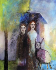 Photo of "Shelter in Place" Oil on canvas, 20" x 16" Dreamlike imate with tree, house in background, two women figures and one sheep like animal with human face standing in front.