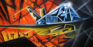 Painting of stealth fighter aircraft in a geometric abstract explosive fiery sky of orange a blue.